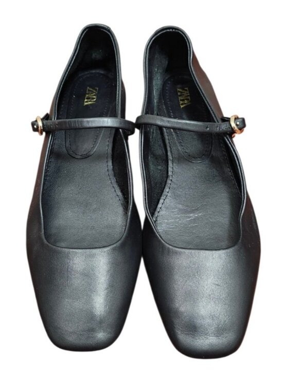 Zara Shoes - ZARA Black Leather Mary Jane Ballet Flats Women's EU 37 US 6.5 Buckle Square Toe